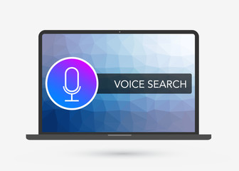Voice search optimization on laptop screen flat vector illustration, banner for site with microphone icon. Search by Voice technology for marketing SEO on the dark gradient background