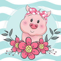 greeting card cute cartoon pig with flower in blue background