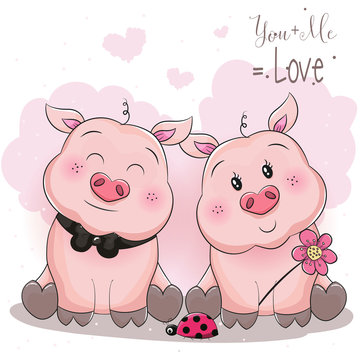 cute piggy couple with flower