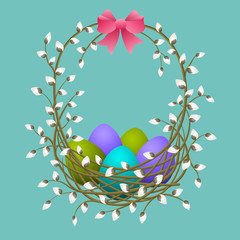 Wicker basket of willow with eggs