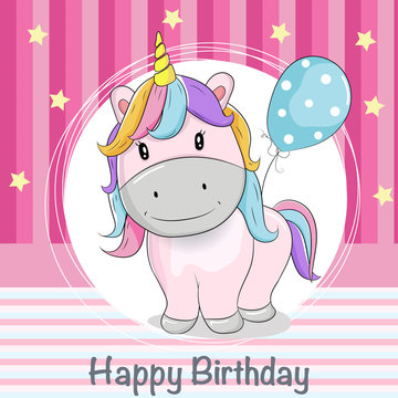 greeting card cute unicorn with ballons