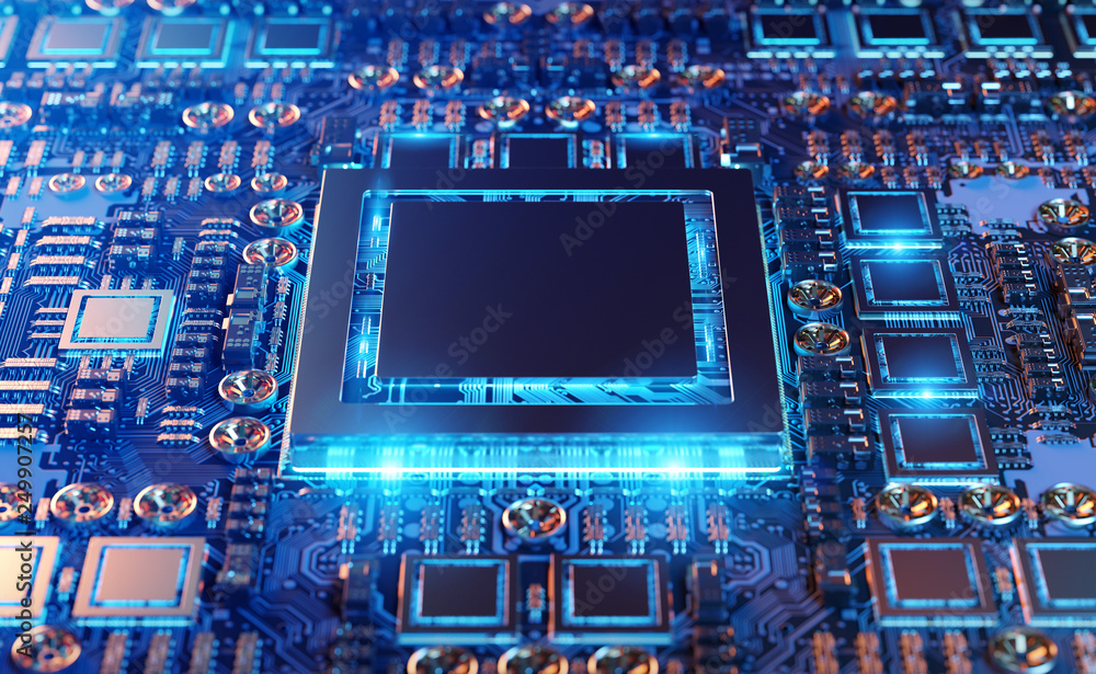 Poster close-up view of a modern gpu card with circuit 3d rendering