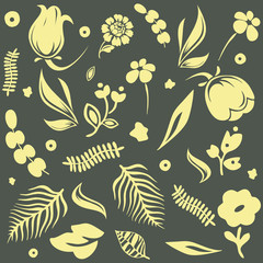 Cute hand drawn vector seamless pattern. Yellow botanical elements - flowers, leaves - isolated on dark background. Unique abstract texture for invitations, cards, websites, wrapping paper, textile 