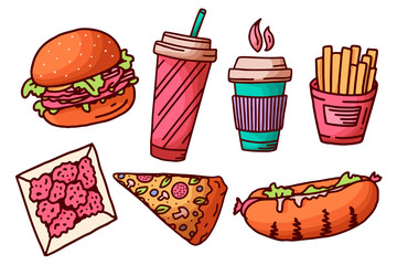 Set of Vintage sketch illustration with doodle elements on white background. Vector. Tasty fast food. Hand drawing.