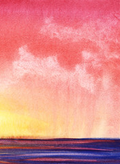 Seascape. Romantic pink sky with light white clouds. Heavy blue waves. Abstract background. Hand-drawn watercolor illustration.