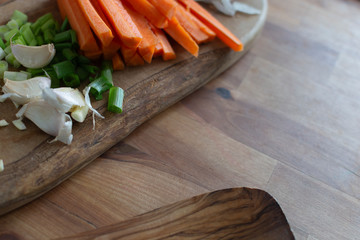 Cut orange carrot. Food concept. Cooking kitchen table. Soup ingredients. 