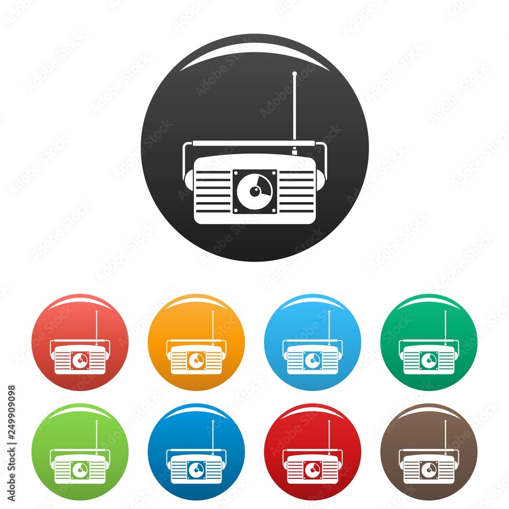 Aufkleber radio receiver icons set 9 color vector isolated on white for any design