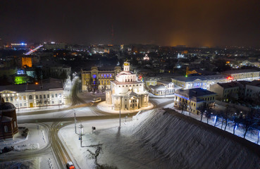 Vladimir, Russia - January 1, 2010: The Golden Gate of Vladimir constructed between 1158 and 1164, Winter calm night landscape in the New Year holidays. Russia in the Golden Ring of Russia at night.