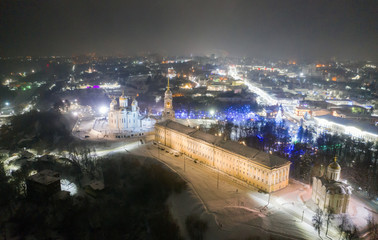 Assumption Cathedral after the snowfall. Winter calm night landscape in the New Year holidays. Beautiful frozen landscape. Vladimir. Russia.