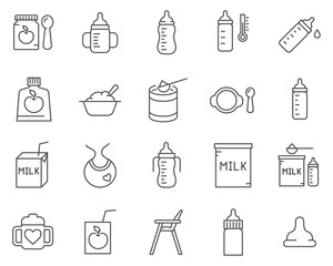 Set of baby feeding line vector icons.