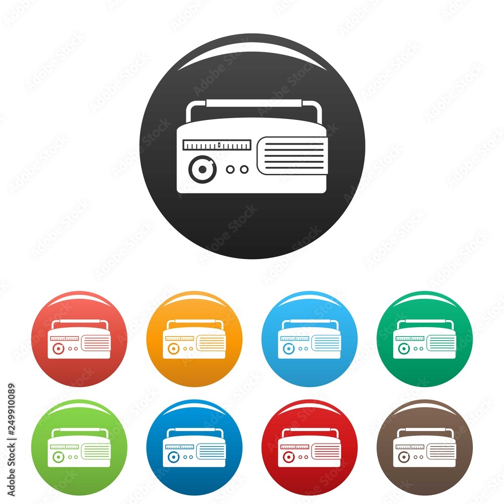 Aufkleber retro radio icons set 9 color vector isolated on white for any design