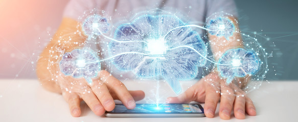 Fototapeta premium Businessman creating artificial intelligence in a digital brain 3D rendering