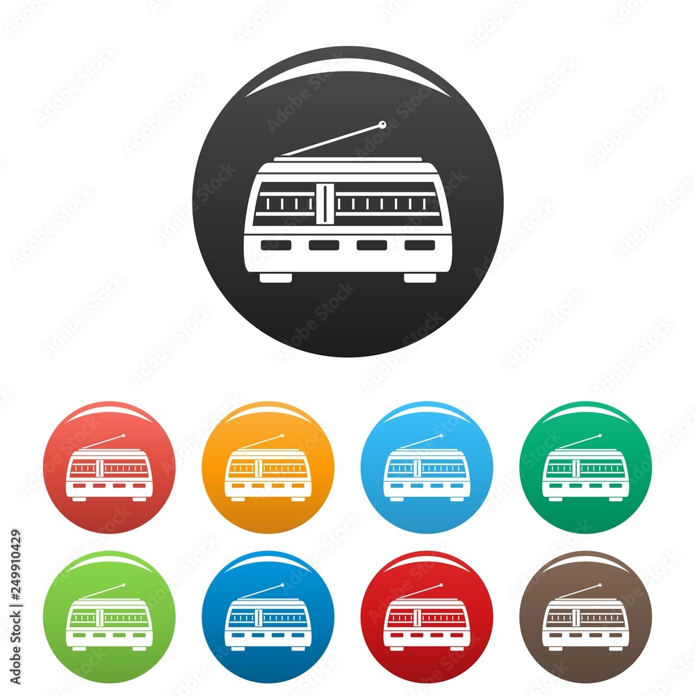 Poster old retro radio icons set 9 color vector isolated on white for any design