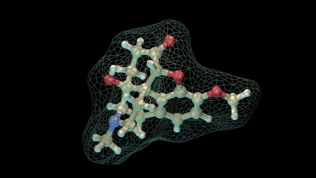Oxycodone molecule 3d rendering . Ball and stick representation with transparent wireframe surface. Seamless looping animation