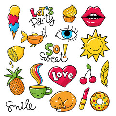 Set of cool stickers, patches with food and summer elements.