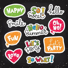 Set of cool stickers, patches with food and summer elements. 