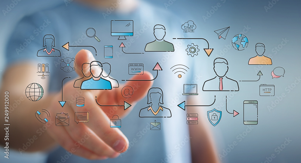 Poster businessman using thin line social network icons interface