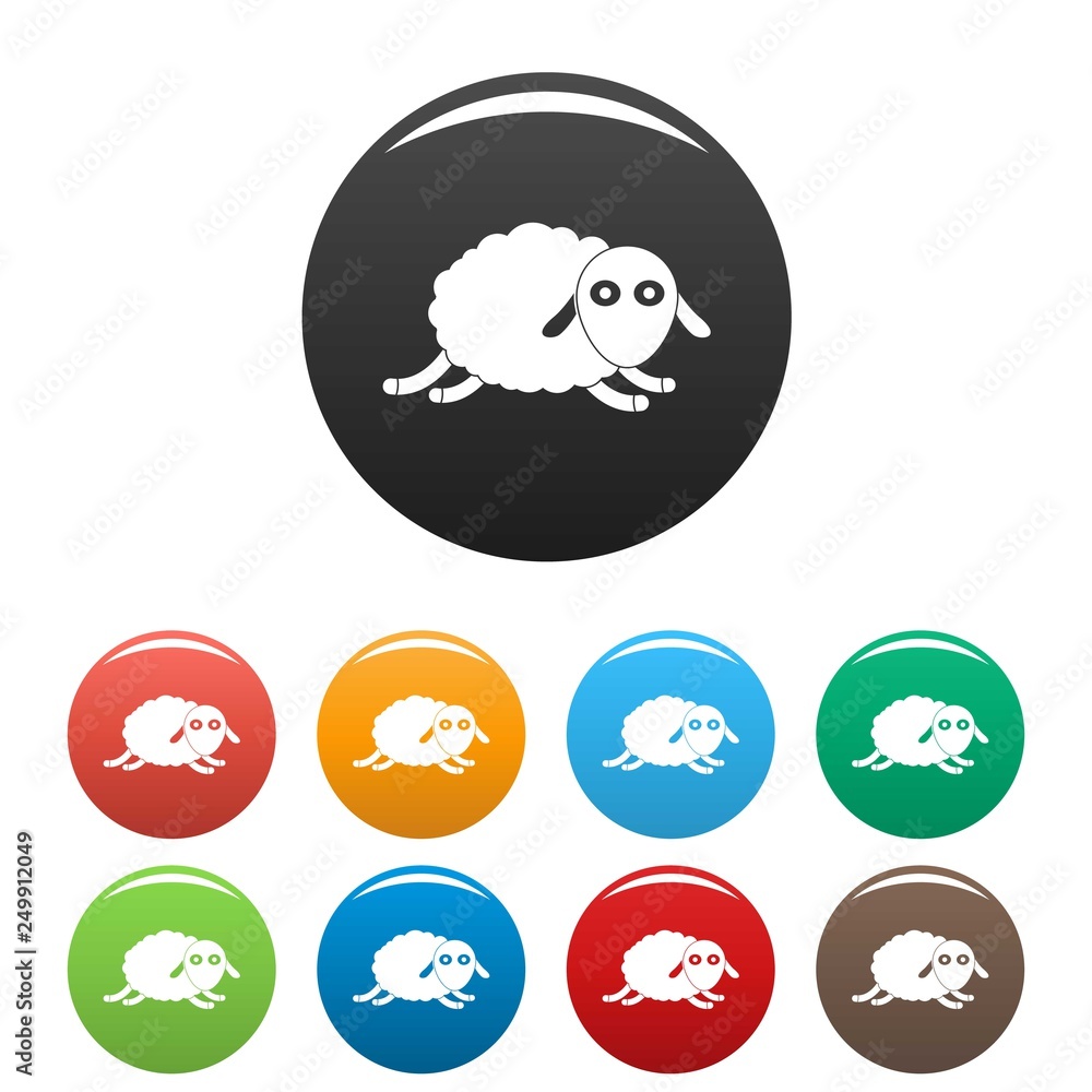 Poster jumping sheep icons set 9 color vector isolated on white for any design