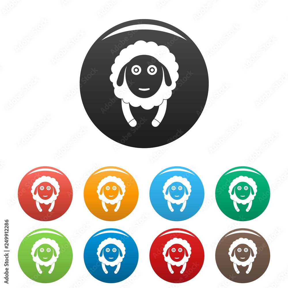 Poster front face sheep icons set 9 color vector isolated on white for any design