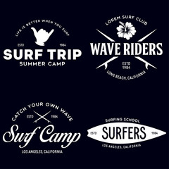 Vintage Surfing Emblems for web design or print. Surfer logo templates. Surf Badges. Summer fun. Surfboard elements. Outdoors activity - boarding on waves.