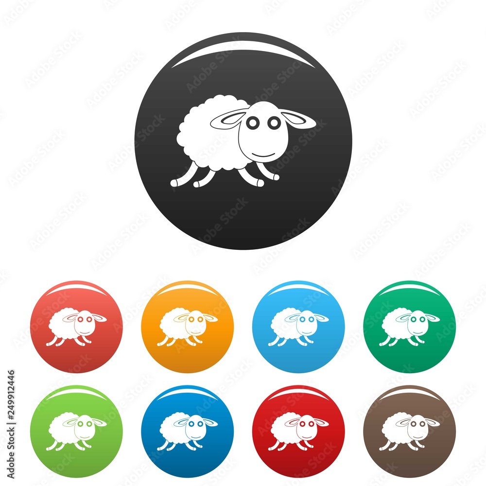 Poster running sheep icons set 9 color vector isolated on white for any design