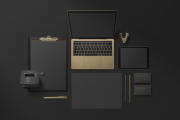 black flatlay grid with blank prints and multimedia devices