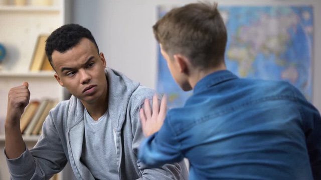 Caucasian and black teenagers quarreling, mutual accusation, misunderstanding