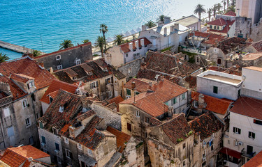 old split cityscape with seashore and ancient houses. Travel Croatia Dalmatia