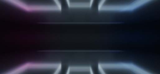 Sci Fi Modern Futuristic Dark Black Room With Reflections And Different Rectlangle Shaped Neon Lights On The Ceiling reflected On Floor Empty Space 3D Rendering