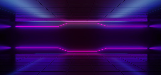 Neon Glowing Cyber Purple Blue Pink Sci Fi Modern Futuristic Minimalistic Dark Black Room With Reflections On The Walls Empty Space 3D Rendering