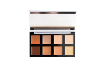 Contouring palette on a white background. Multi-color makeup palette close up.