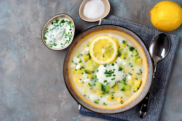 Kefir summer cold soup on wooden table. Okroshka.
