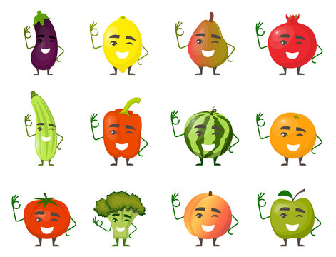 Fruits and vegetables cartoon characters with hands and legs smile and show gesture OK. Cheerful fruit and vegetable characters in flat design. Vector illustration.