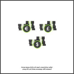 Vector icon stack of money. Paper notes and coin. Symbol bank, money and coins cash. Icon dollar, euro and yen. on white isolated background.