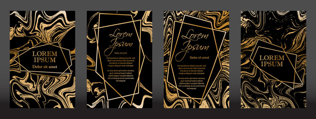 Gold marble texture and geometric frames on black backgrounds vector set. Luxury design for brochure, banner, vip invitation, cover, business card. Gold foil black marble pattern texture and frames.