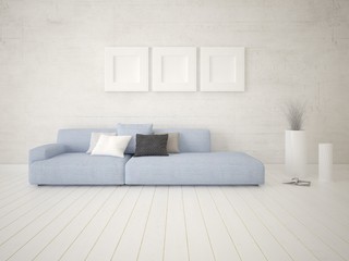 Mock up a spacious living room with a stylish comfortable sofa and a bright hipster backdrop.