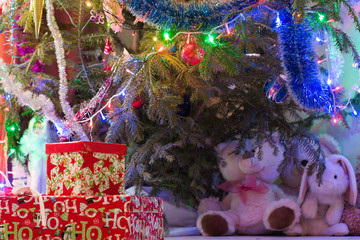 Presents under Christmas Tree in living room. Family Holiday New Year at Home