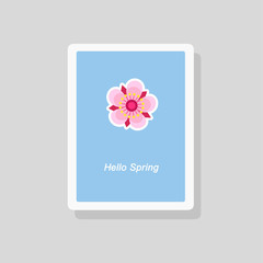 Hello Spring greeting card with stylized flower on blue background. Minimalist style
