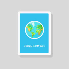 Greeting Earth Day card with the terrestrial globe on blue background