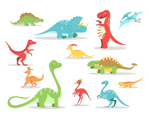 Cartoon style dinosaurs collection. Cute prehistoric characters set.