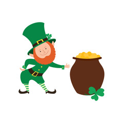 Smiling leprechaun and  pot of gold. Symbol for Saint Patrick Day.