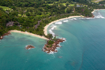 Fototapeta premium Aerial view of the luxury hotel Constance Lemuria on Praslin, Seychelles in the Indian Ocean.