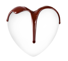 Chocolate in the form of heart. Melted chocolate syrup on white background. Liquid chocolate on a...