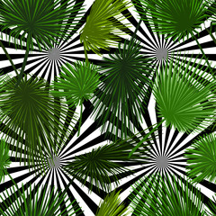 Vector seamless pattern of colorful palm leaf on abstract black white background. Tropical palm leaves background with optical illusion
