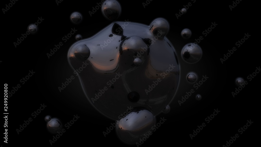 Poster 3d illustration of a liquid metal and oil droplets in zero gravity. the idea for a futuristic backgr