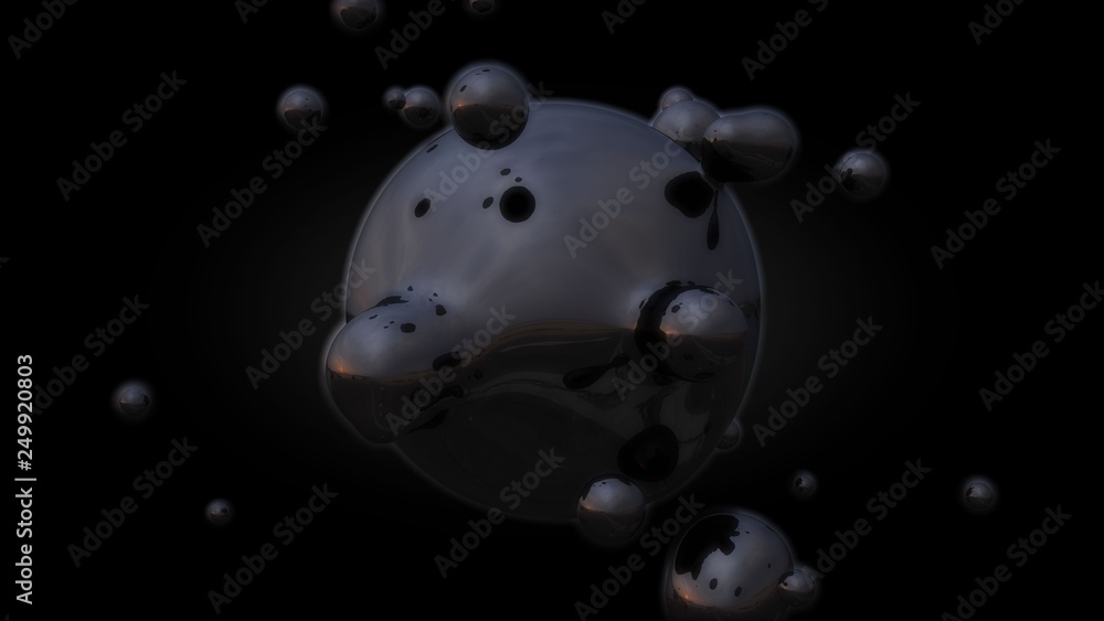 Poster 3d illustration of a liquid metal and oil droplets in zero gravity. the idea for a futuristic backgr