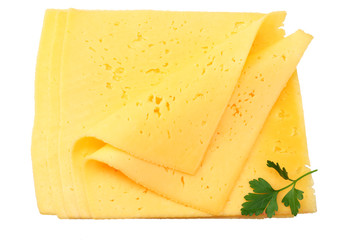 cheese slices with parsley isolated on white background. top view