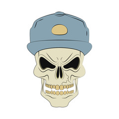 Angry human skull in cartoon style on a white background. Design element for logo, label, emblem, t-shirt or tattoo design. Vector illustration.
