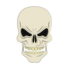 Angry human skull in cartoon style on a white background. Design element for logo, label, emblem, t-shirt or tattoo design. Vector illustration.