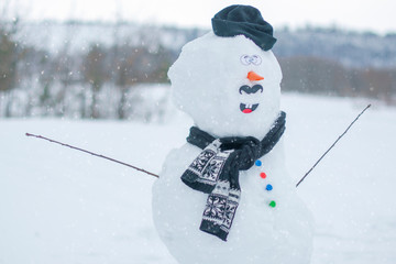 curve fun snowman with a mustache in a cap and scarf in a snowy frosty forest